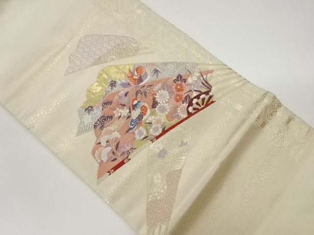 扇に鴛鴦・花々模様織出し名古屋帯